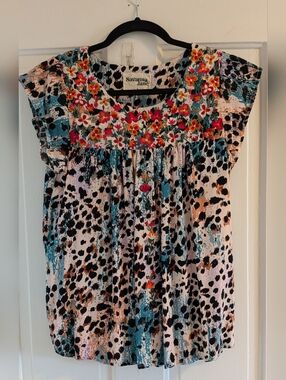Savanna Jane Embroidered Animal Print Top Like New